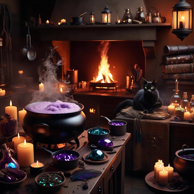 Photo illustrate a witchs kitchen filled with bubbling cauldrons magical ingredients and a black cat p