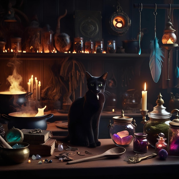 Photo illustrate a witchs kitchen filled with bubbling cauldrons magical ingredients and a black cat p