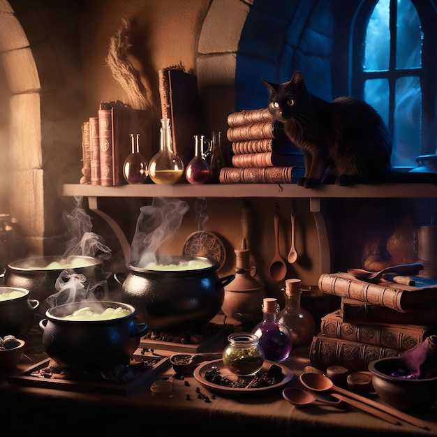 Photo illustrate a witchs kitchen filled with bubbling cauldrons magical ingredients and a black cat p