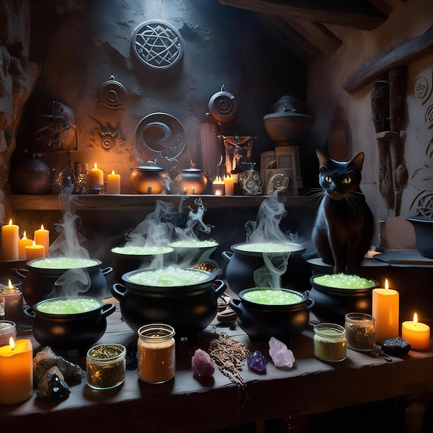 Photo illustrate a witchs kitchen filled with bubbling cauldrons magical ingredients and a black cat p