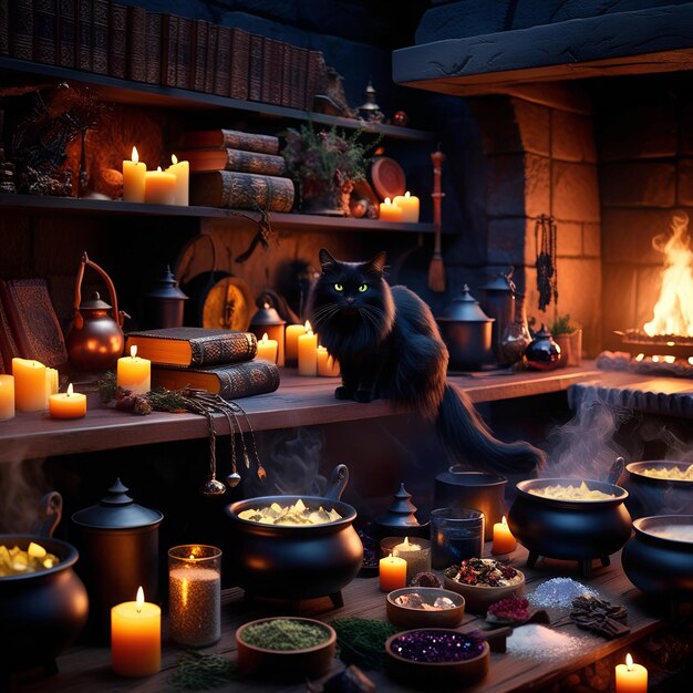 Photo illustrate a witchs kitchen filled with bubbling cauldrons magical ingredients and a black cat p