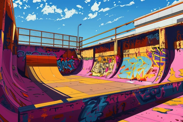 Photo illustrated 90s skateboard park with ramps