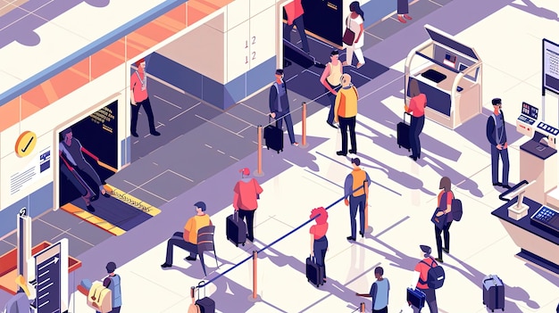 Photo illustrated airport security checkpoint with passengers waiting in line baggage scanning and security personnel generative by ai