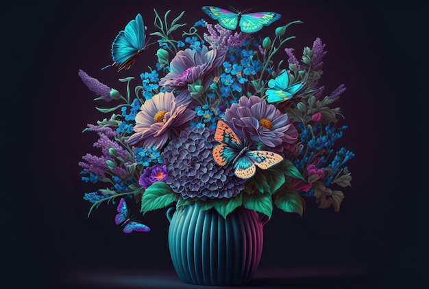 An illustrated bouquet of flowers with a butterfly on it in neon colors Bright design