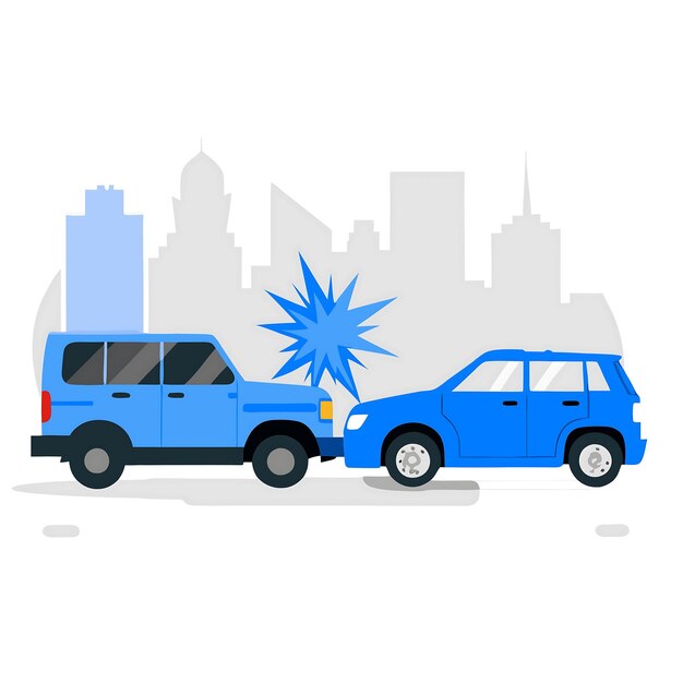 Photo illustrated car crash scene with two blue vehicles in urban setting