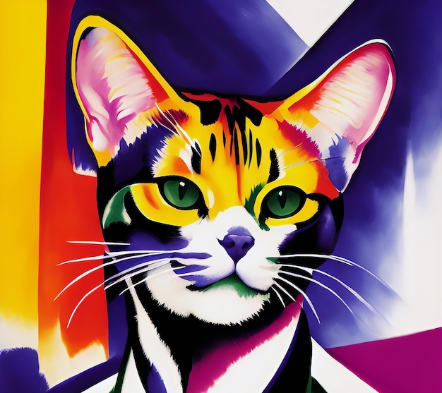 Illustrated Cat Portrait Lithograph Reproduction Art Deco Inspired Cats