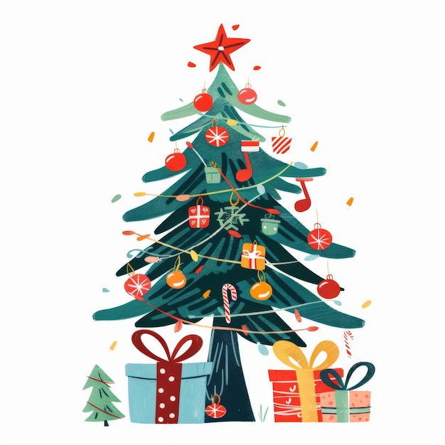 Illustrated Christmas Tree with Gifts