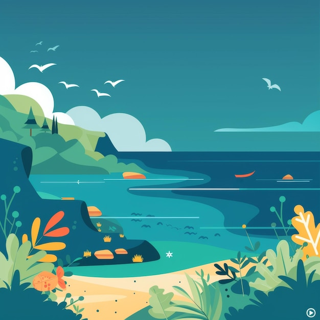 Photo illustrated coastal landscape with cliffs plants and birds under a clear sky evoking tranquility and natures beauty