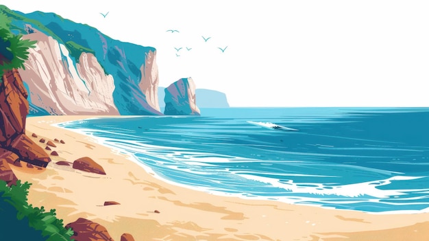 Photo illustrated coastal scene featuring sandy beach towering cliffs and seagulls flying over a calm sea under a clear sky