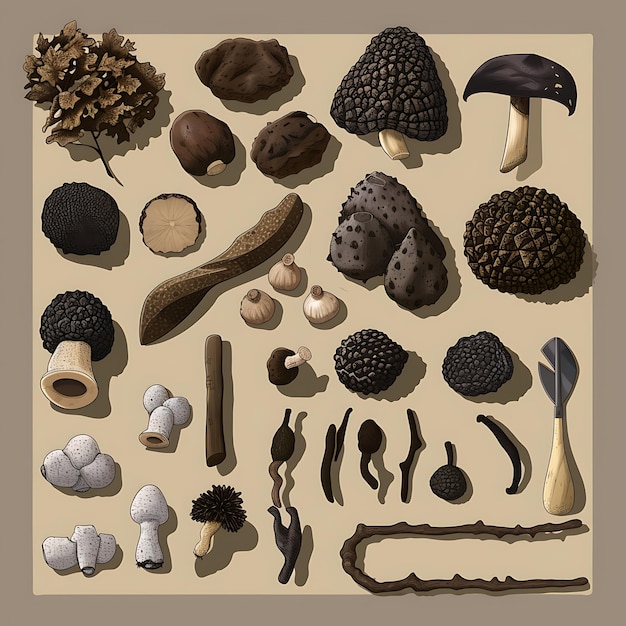 Photo an illustrated collection of edible mushrooms truffles and their associated foraging tools