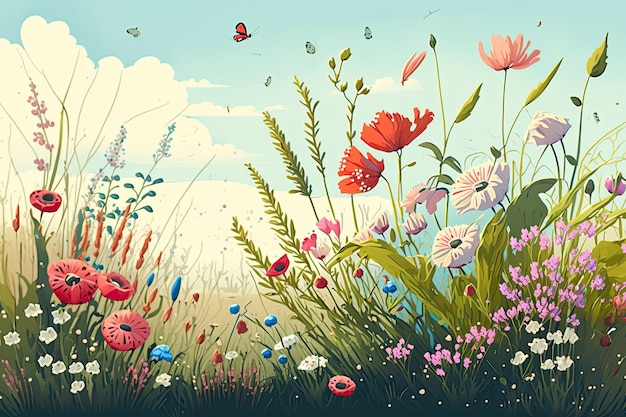 An illustrated depiction of a meadow full of blooming flowers during the spring season Generative AI