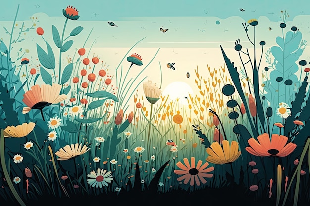 An illustrated depiction of a meadow full of blooming flowers during the spring season Generative AI