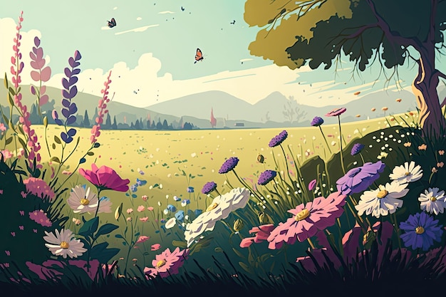 An illustrated depiction of a meadow full of blooming flowers during the spring season Generative AI