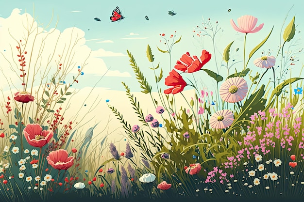 An illustrated depiction of a meadow full of blooming flowers during the spring season Generative AI