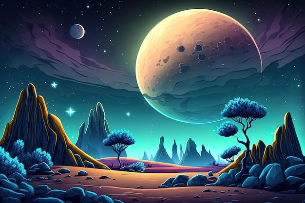 Illustrated fantasy alien planet landscape game