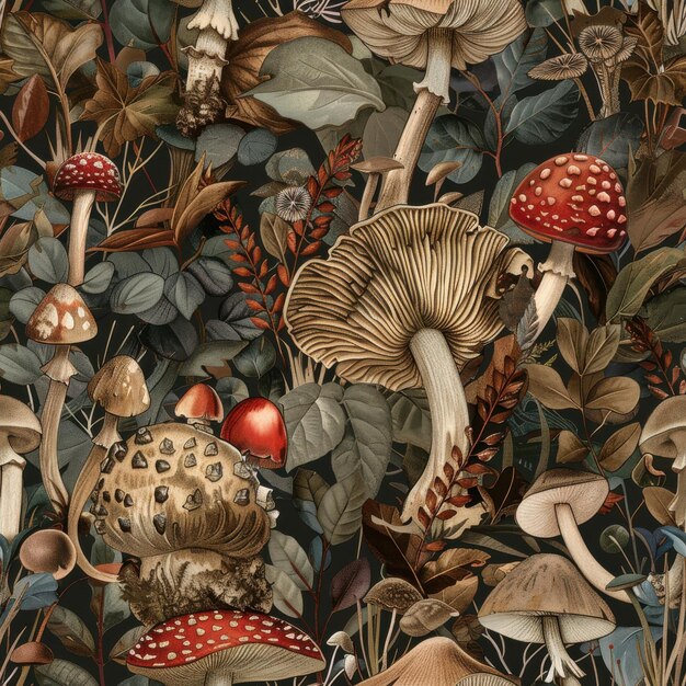 Illustrated Forest Floor With Mushrooms and Leaves