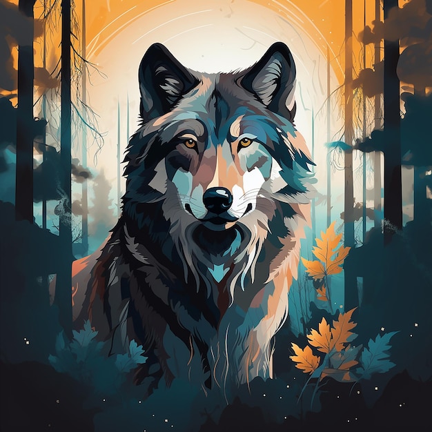 Illustrated Forest Guardian Wolf Standing Amidst Woods