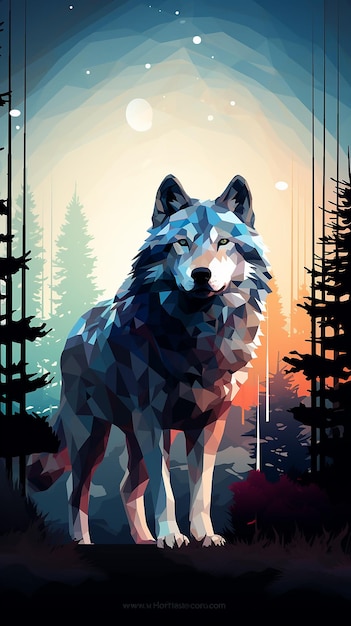 Illustrated Forest Guardian Wolf Standing Amidst Woods