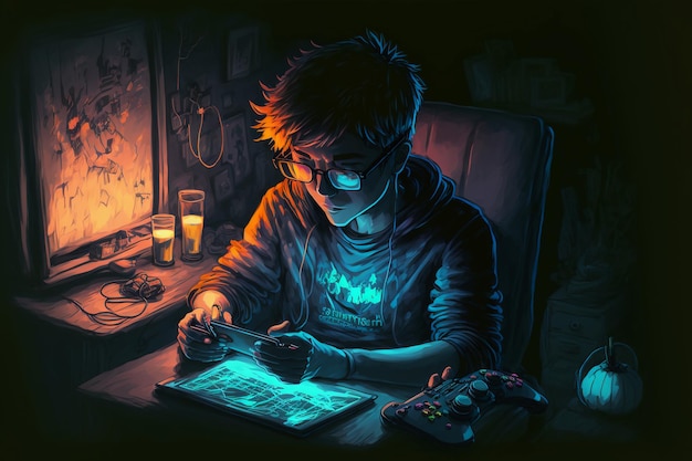 Illustrated Gamer playing online game via smart phone.