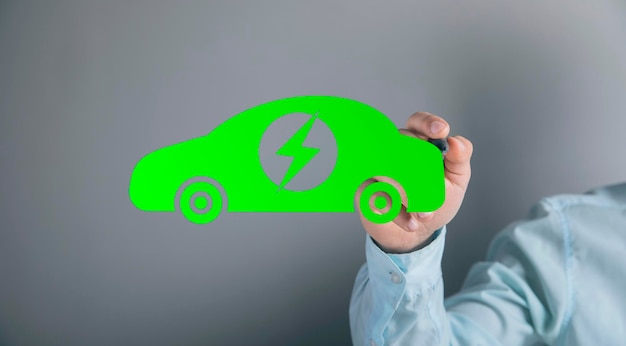 Illustrated green electric car Man tapping on the screen