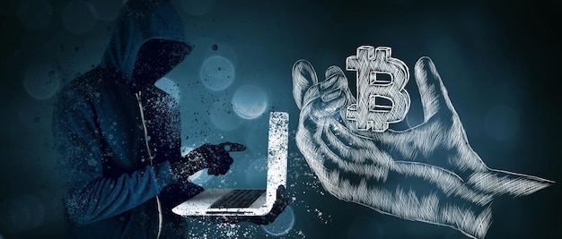 Illustrated hand holds bitcoin icon. hacker holding laptop