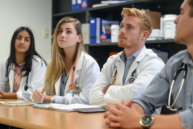 Illustrated healthcare professionals discussing patient care in a cozy clinic setting