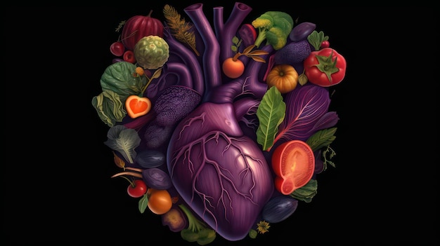 illustrated human heart made of fresh vegetables plants and fruits isolated Generative AI