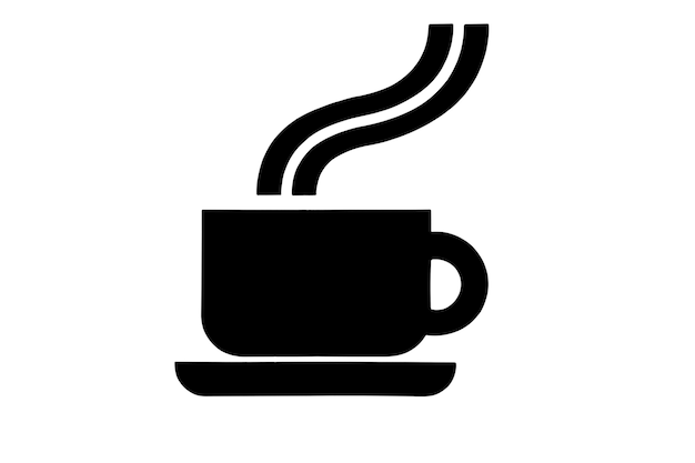 Illustrated image of a black cup with hot coffee or tea on a saucer on an isolated white background.