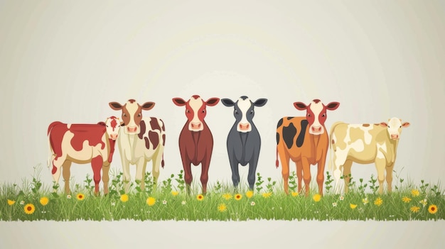 Photo illustrated image of five colorful cows standing in a field with green grass and flowers in the background