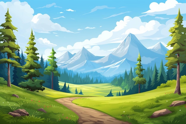 Illustrated landscape with mountains and forest