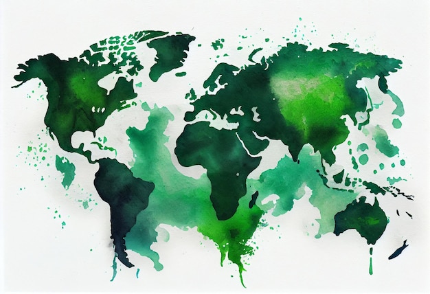 Illustrated map of the world with a isolated background green heaven watercolor Generate Ai