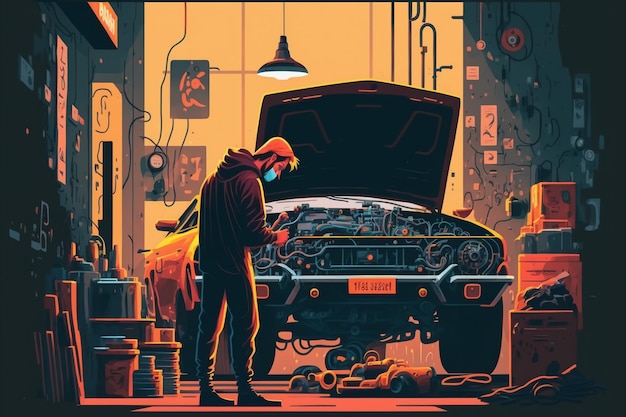 Illustrated Mechanic using wrench while working on car