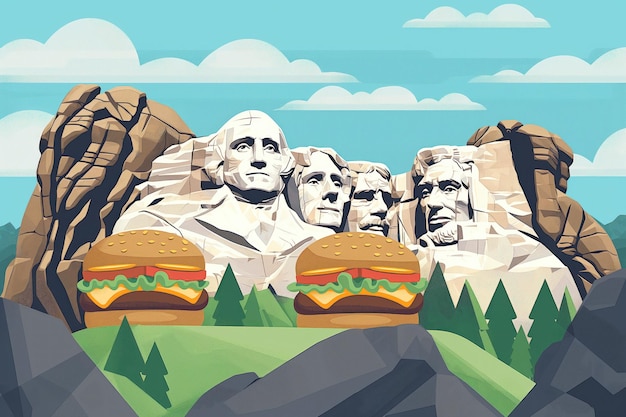 Illustrated Mount Rushmore founders hold burgers in minimalist modernist style Flat colors and