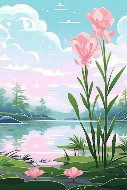 An illustrated natural background of spring flowers Generative AI