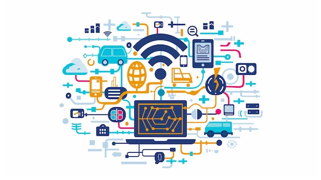 An illustrated network of icons and devices symbolizing the interconnected world of technology