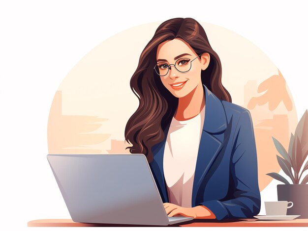 Photo an illustrated portrait of a professional woman working on her laptop showcasing confidence