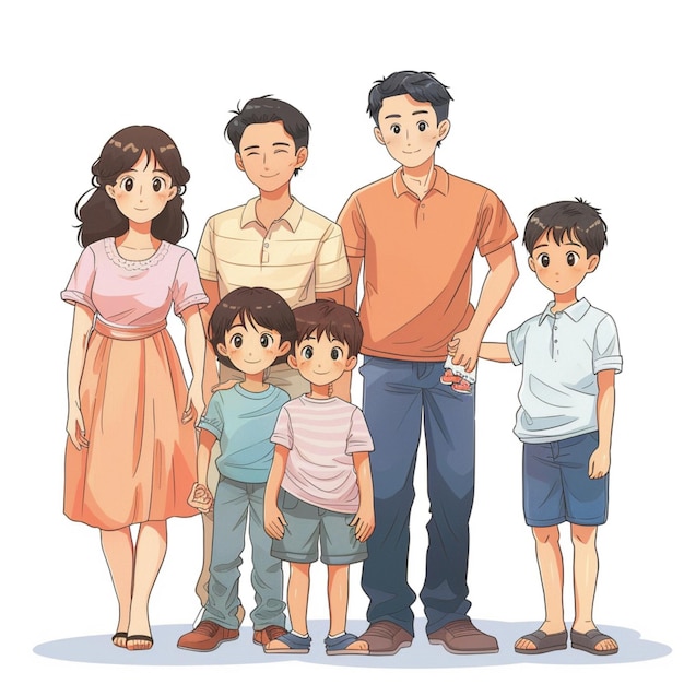 Illustrated Portrait of a Smiling Family with Three Children