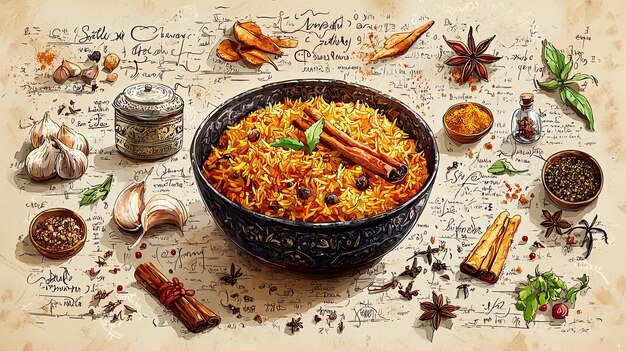 Photo illustrated recipe card for traditional biryani