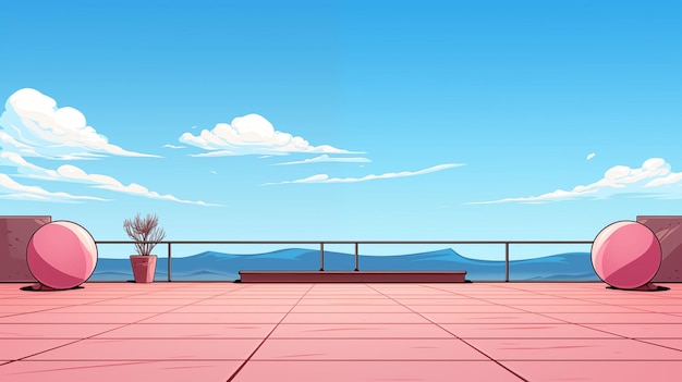 Photo illustrated rooftop scene with pink tiles and blue sky in anime style