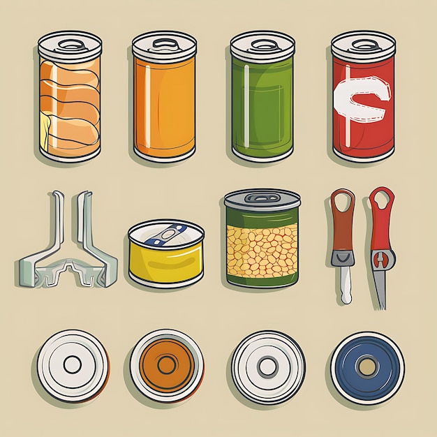 Photo illustrated set of colorful canned goods with can opener and lids