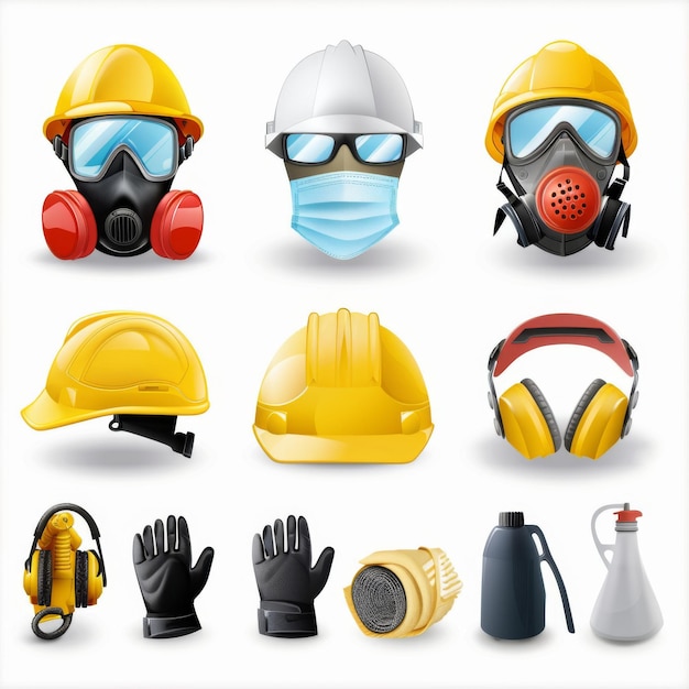 Photo illustrated set of various safety helmets and protective masks for industrial use