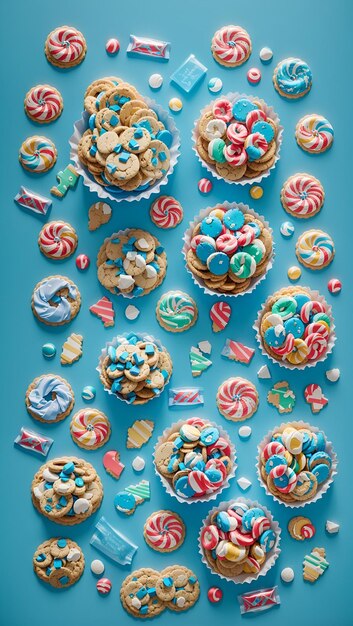 Illustrated sweets and cookies on a blue color background