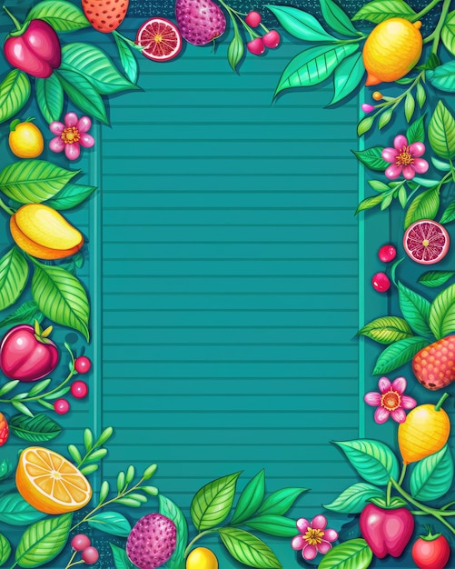 Photo illustrated teal background with vibrant fruit and flowers generative ai