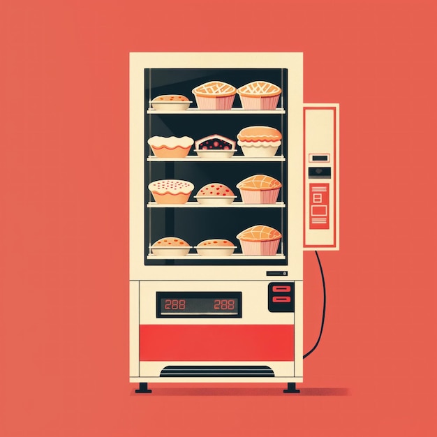 Illustrated vending machine displays variety American pies for sale Simple modern design echoes