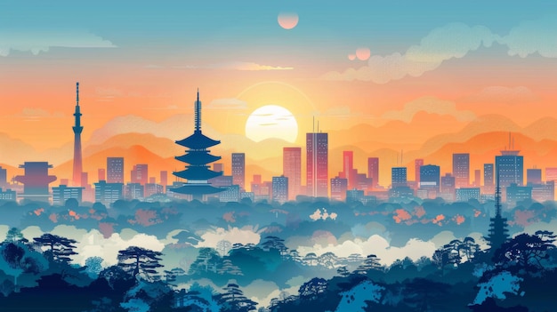 Photo illustrated view of tokyos skyline at sunrise blending modern skyscrapers with traditional pagodas and lush greenery