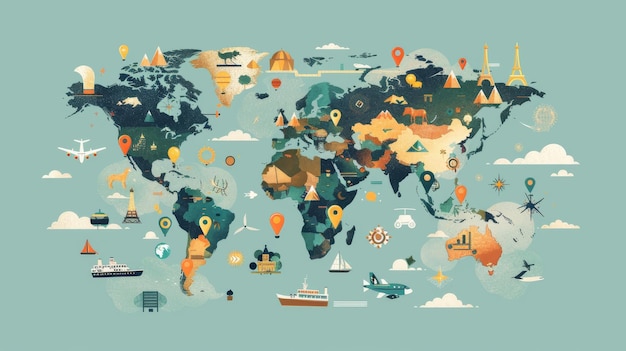 Photo illustrated world map with travel destinations and icons