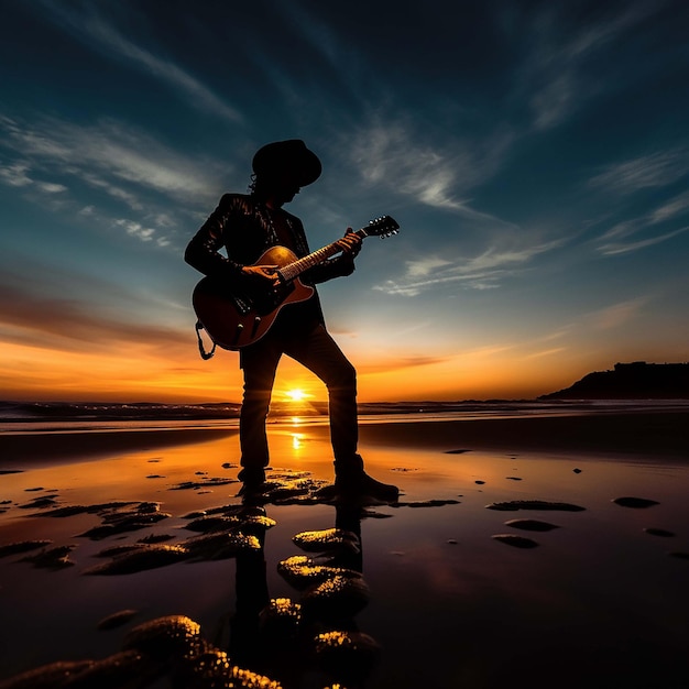 Illustrating a man in black clothes practicing yoga on the beach during sunset