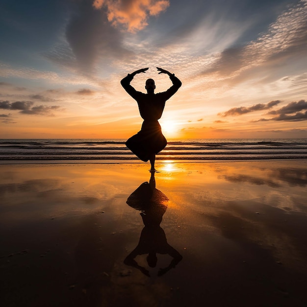 Illustrating a man in black clothes practicing yoga on the beach during sunset