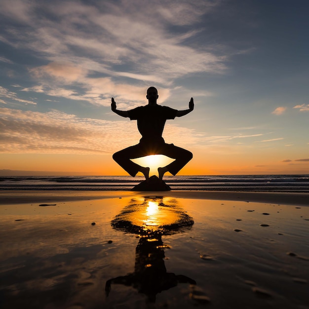 Illustrating a man in black clothes practicing yoga on the beach during sunset