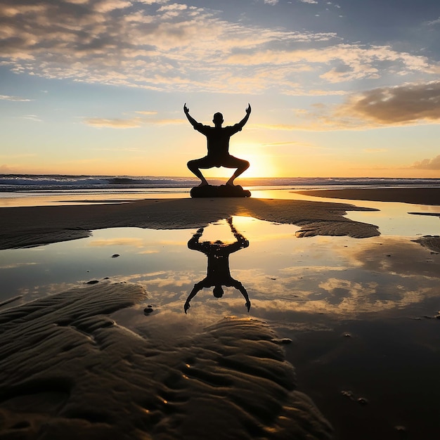 Illustrating a man in black clothes practicing yoga on the beach during sunset